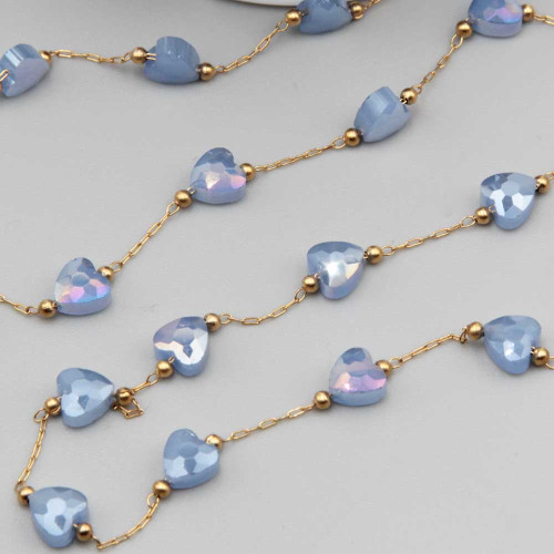 Catena in acciaio oro con cristalli cuori sky blue a/b con. 20 cm
