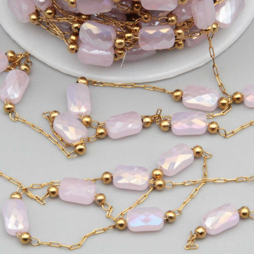 Catena in acciaio oro con cristalli rettangolari rosa a/b con. 20 cm