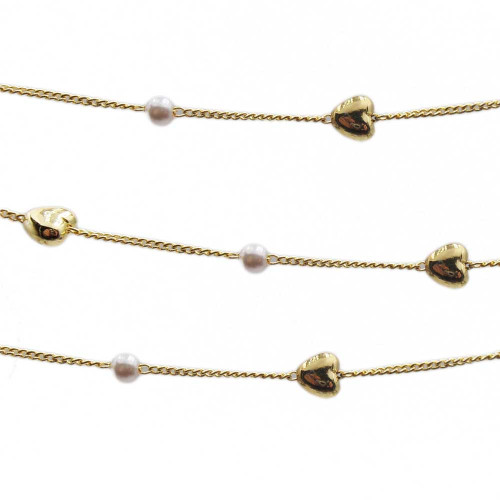 Catena placcata oro 18kt cuore 6 mm perla 4 mm pacco 50 cm
