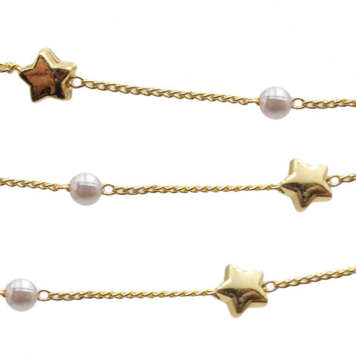 Catena placcata oro 18kt stella 6 mm perle 4 mm pacco 50 cm