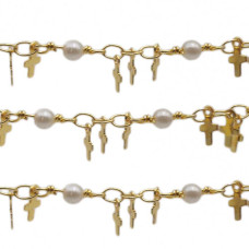 Catena placcata oro 18kt charms croce 6 mm perla 3 mm pacco 50 cm