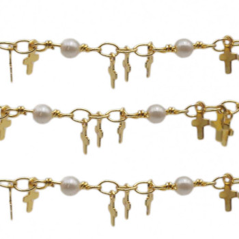 Catena placcata oro 18kt charms croce 6 mm perla 3 mm pacco 50 cm