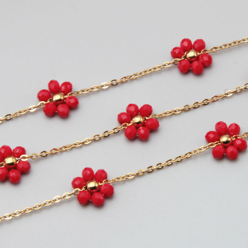 Catena acciaio oro con fiore cristalli rossi 10 mm conf. 50 cm