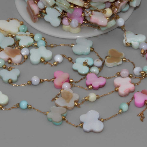 Catena in acciaio oro con madreperla farfalla e palline conf.50 cm