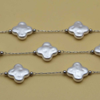 Catena acciaio con quadrifoglio grande perle cerate 13 mm conf. 50 cm