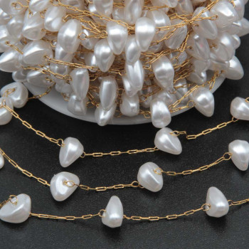 Catena in acciaio oro con perle chips 8x4 mm con. 50 cm