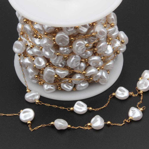Catena in acciaio oro con perle pepite 8.5 mm conf. 50 cm