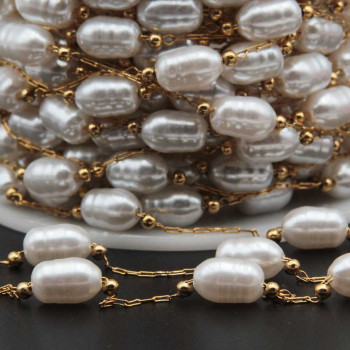 Catene in acciaio oro con perle ovale potato 9x6 mm con. 50 cm
