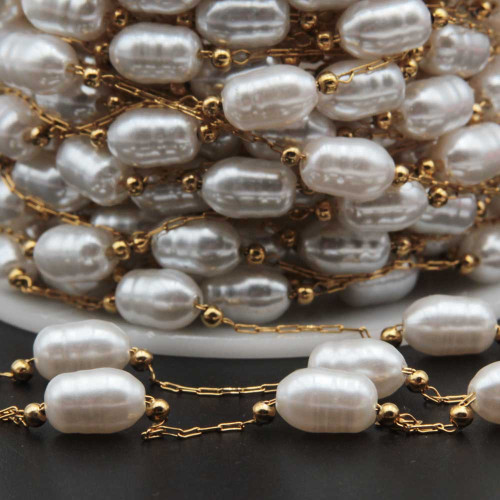 Catene in acciaio oro con perle ovale potato 9x6 mm con. 50 cm