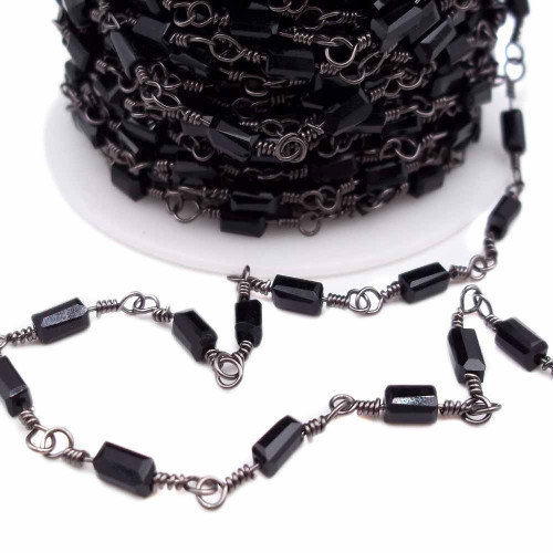 Catena ottone color rodio con cristalli rettangolari neri pacco 50 cm