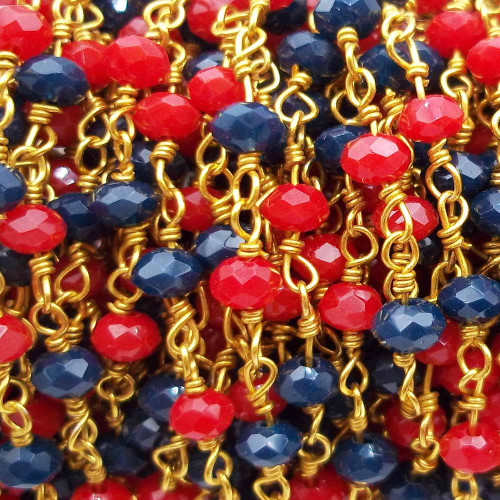 Catena rosario ottone cristalli rossi e blu notte filo oro pacco 50 cm