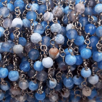 Catena rosario pietre dure agata di fuoco azzurra tonda 4 mm filo rodio pacco 50 cm