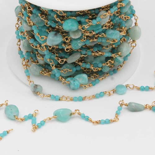 Catena oro pietre dure amazzonite 6/8 mm e zirconiazzurri 2 mm 50 cm