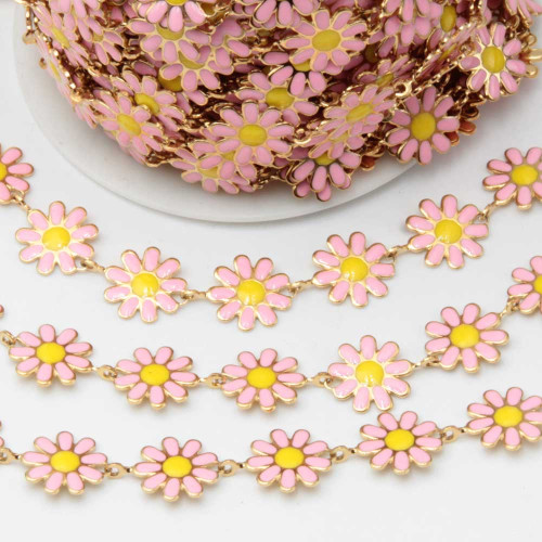 Catena in acciaio fiori smaltati rosa gialli 10 mm conf.50 cm