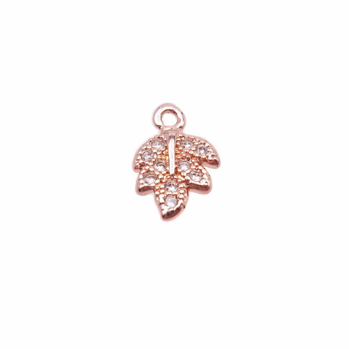 Charms foglia in ottone oro rosa con strass 9x6 mm 1 pz