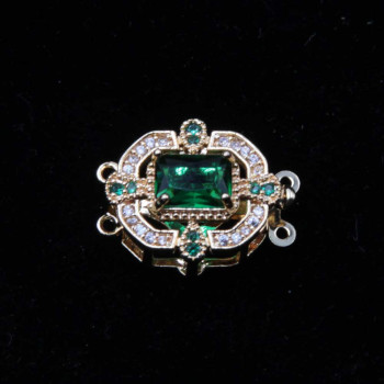 Chiusura a slitta multifilo oro 16x13.5 mm cristalli smeraldo e bianchi conf. 1 pz