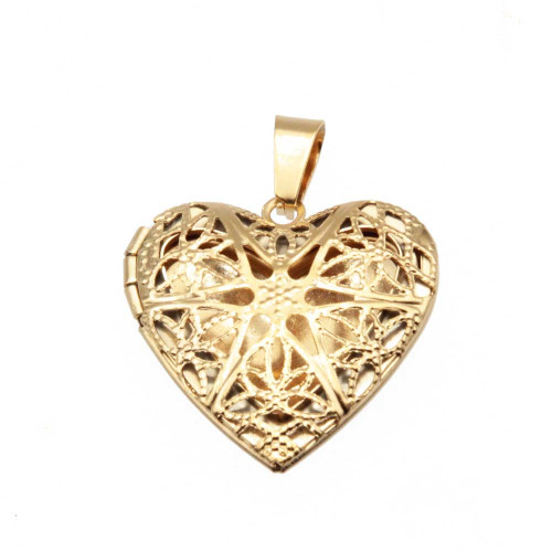 Ciondoli in acciaio oro cuore 25 mm inciso fiori conf. 1 pz