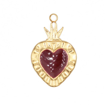 Cuore sacro acciaio oro smaltato bordò 24.4x15 mm 1 pz