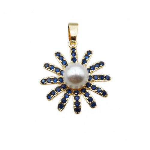 Ciondolo oro con strass blu perle bianca 20 mm 1 pz