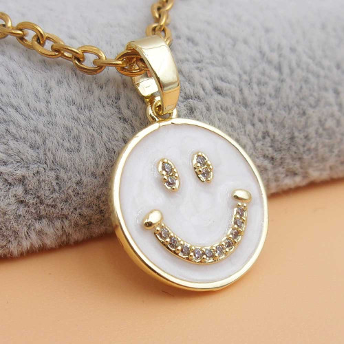 Ciondolo oro smaltato bianco smile con strass 15 mm 1 pz