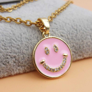 Ciondolo oro smaltato rosa smile con strass 15 mm 1 pz