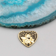 Ciondolo cuore con angioletto oro strass neri 15 mm conf. 1 pz