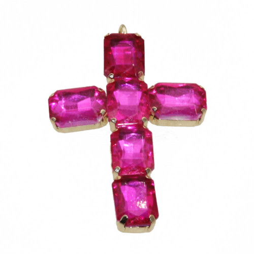 Pendente croce con cristalli rosa scuro color 60 mm conf. 1 pz