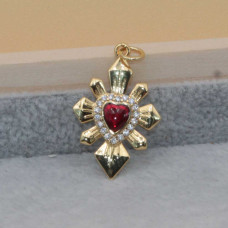 Croce con Cuore sacro placcato oro 18 kt 25x16 mm smaltato rosso 1 pz Croce con Cuore sacro placcato oro 18 kt 25x16 mm smaltato rosso 1 pz
