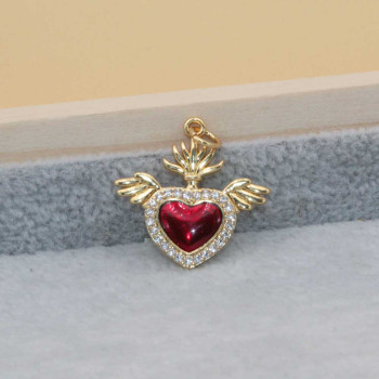 Cuore sacro con ali placcato oro 18 kt 21 mm smaltato rosso 1 pz