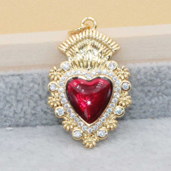 Cuore sacro con ali placcato oro 18 kt 28x17 mm smaltato rosso 1 pz