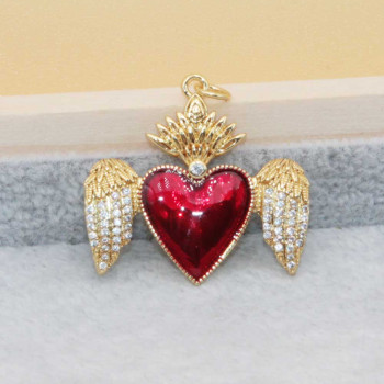 Cuore sacro con ali placcato oro 18 kt 29x27 mm smaltato rosso 1 pz