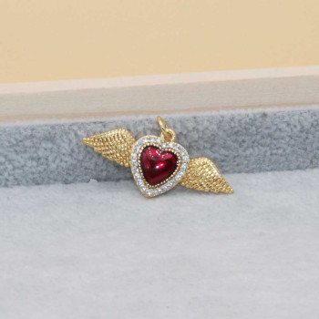 Cuore sacro con ali placcato oro 18 kt 30x24 mm smaltato rosso 1 pz