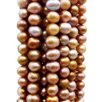 Perle di fiume potato 6.5 mm circa riflessi oro bronzo filo 35 cm