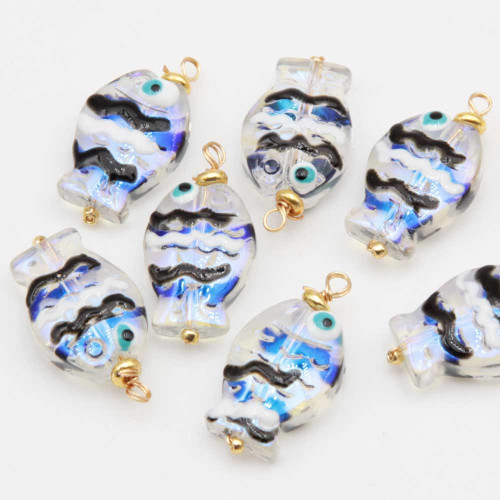 Pesciolino vetro trasparente linee bianche e nere 19x10 mm conf. 2 pz